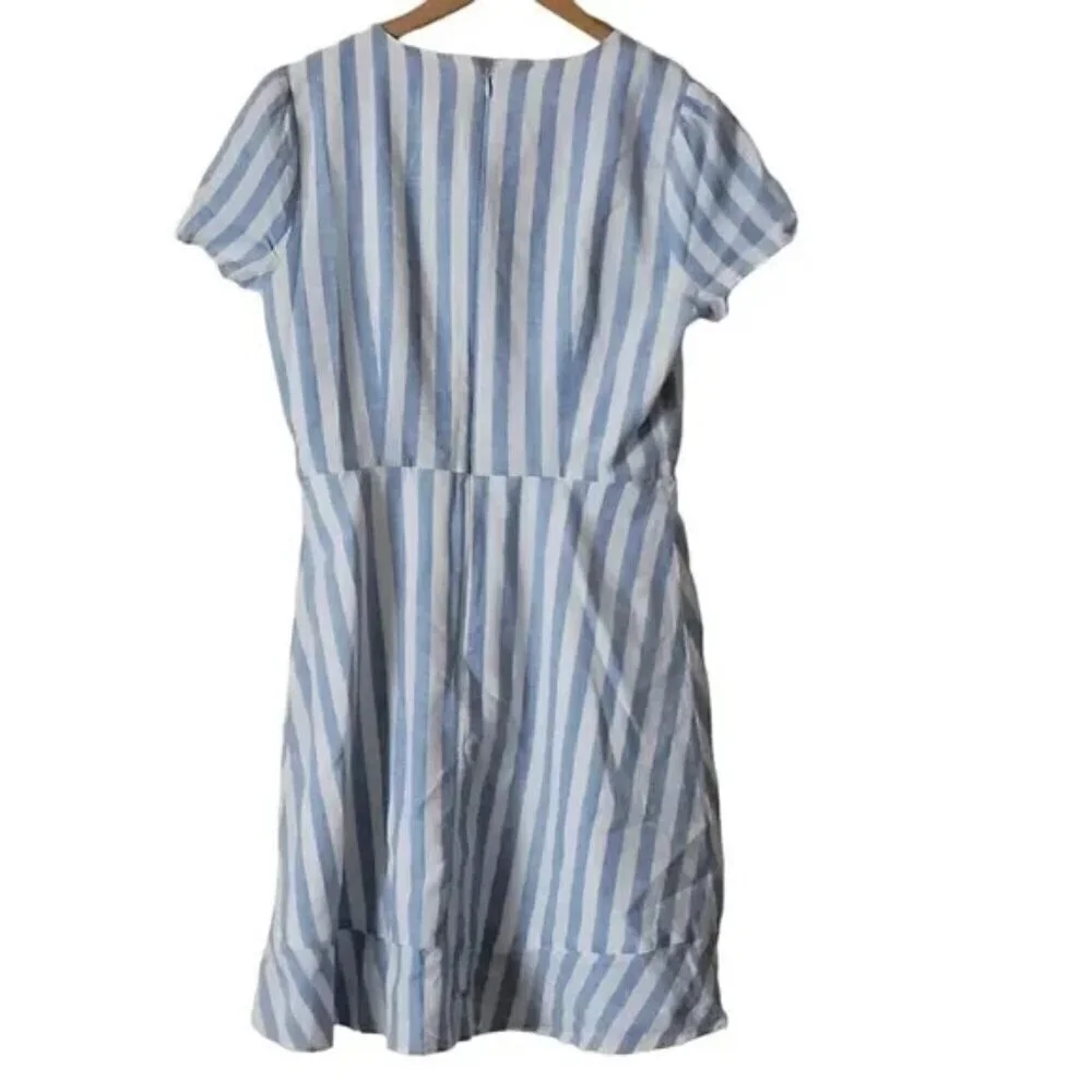 J. CREW Blue White Striped V-Neck Faux Wrap Ruffle Dress Size 4